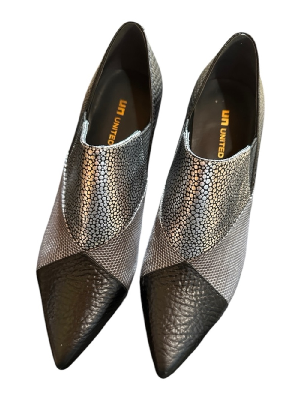 United Nude Zinc Patch Black and Silver Pointed Slip-On Heels. Brand New